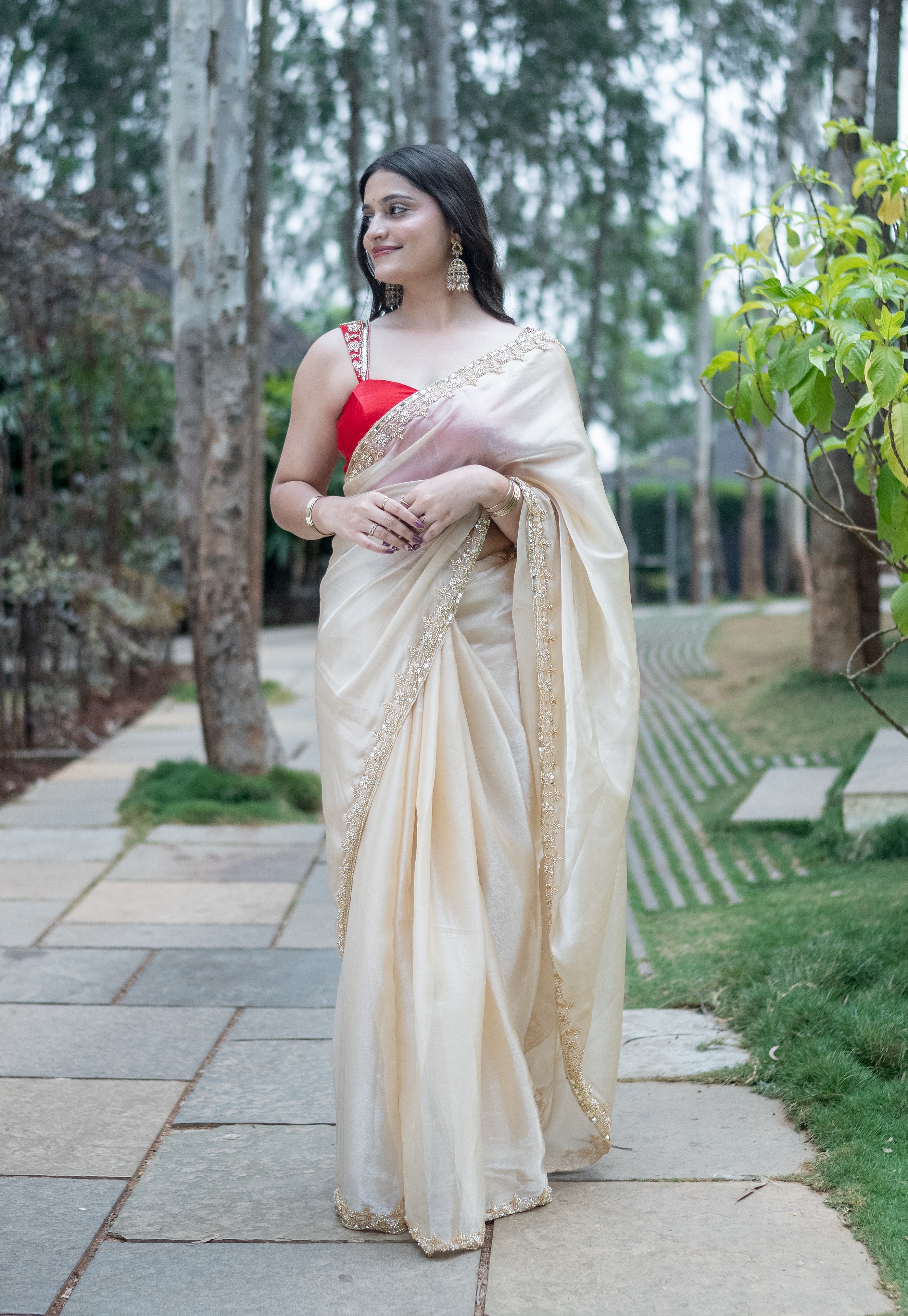 Elegant Cream Embroidered Saree