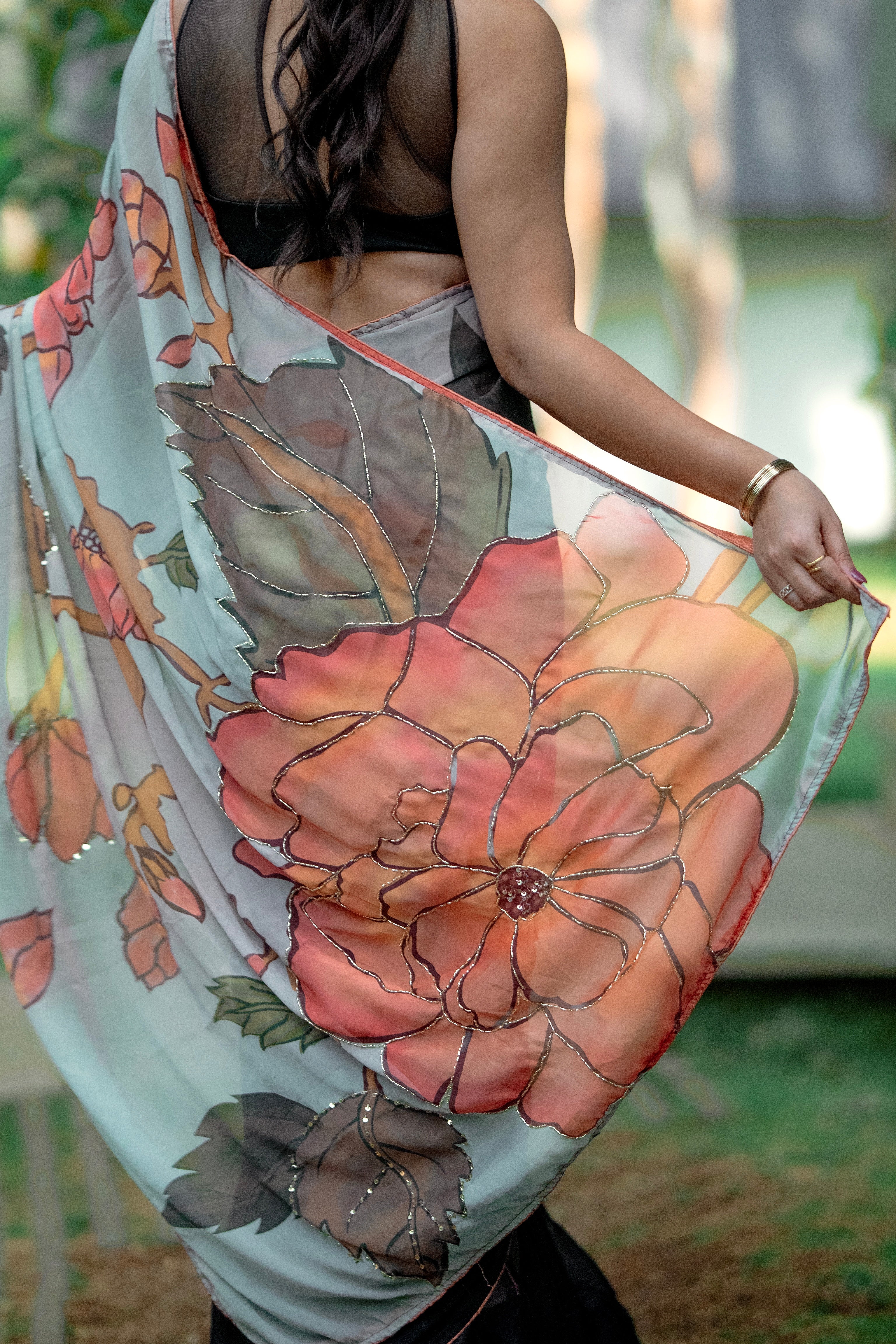 Meera - Floral Printed Black Saree
