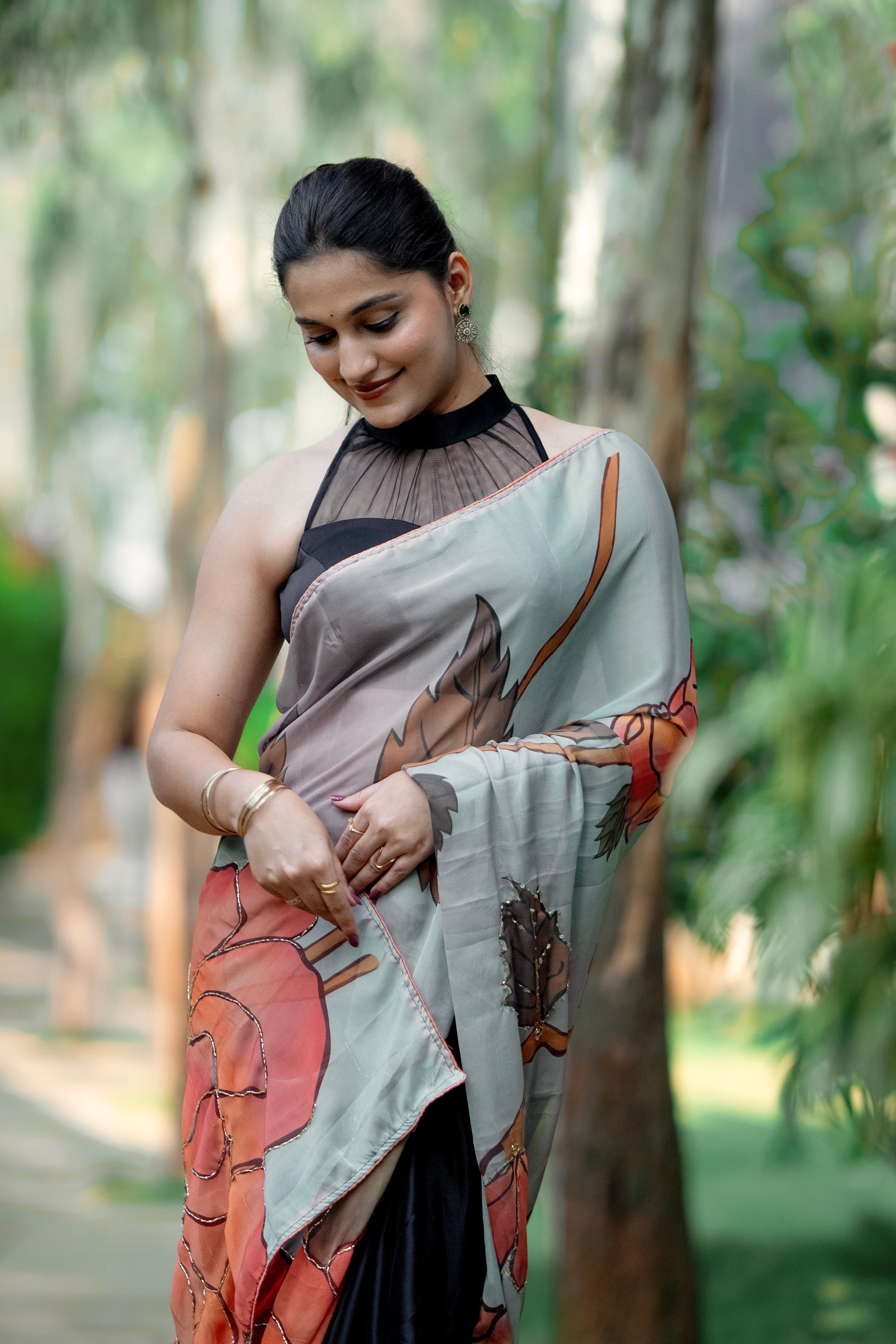 Meera - Floral Printed Black Saree