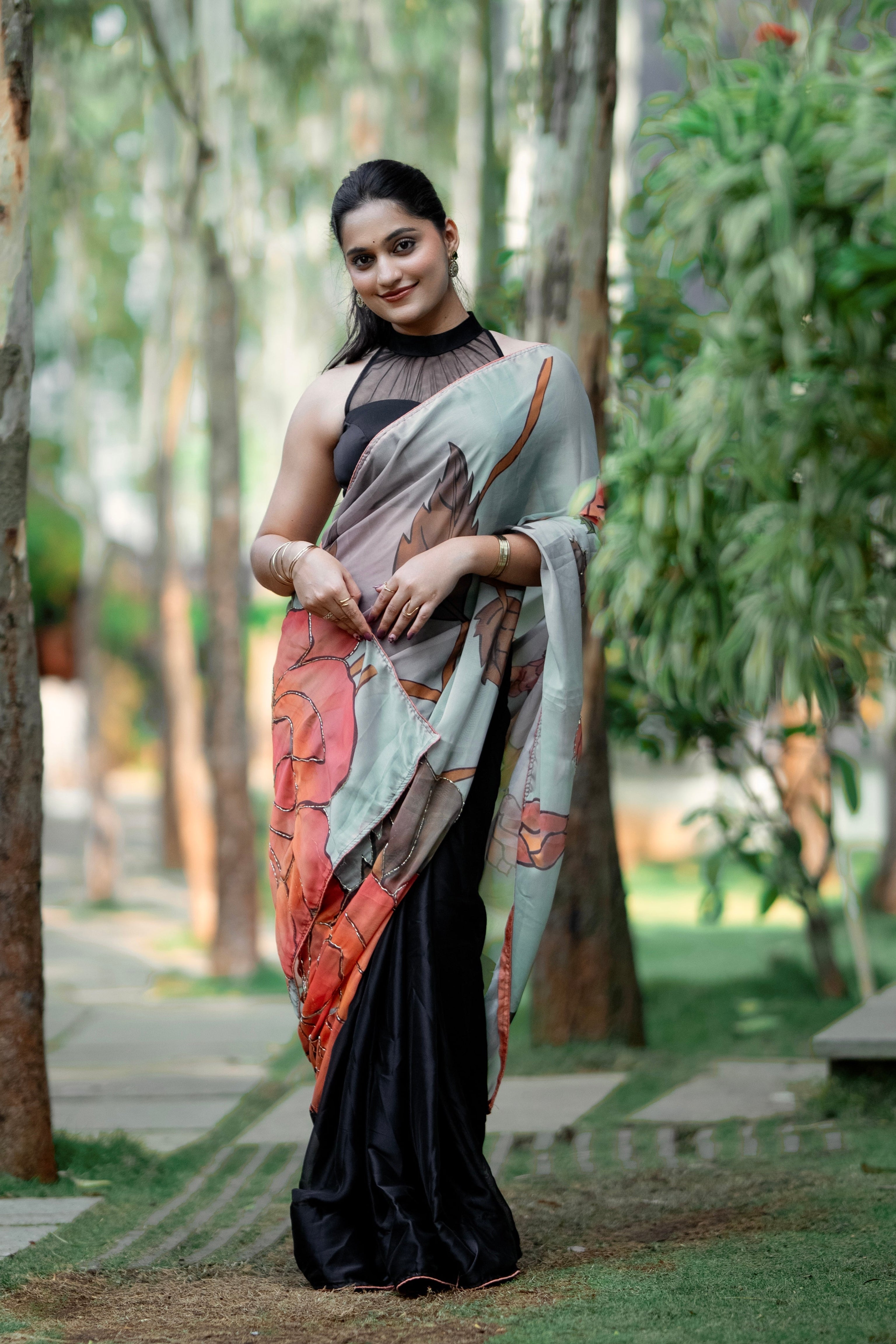 Meera - Floral Printed Black Saree