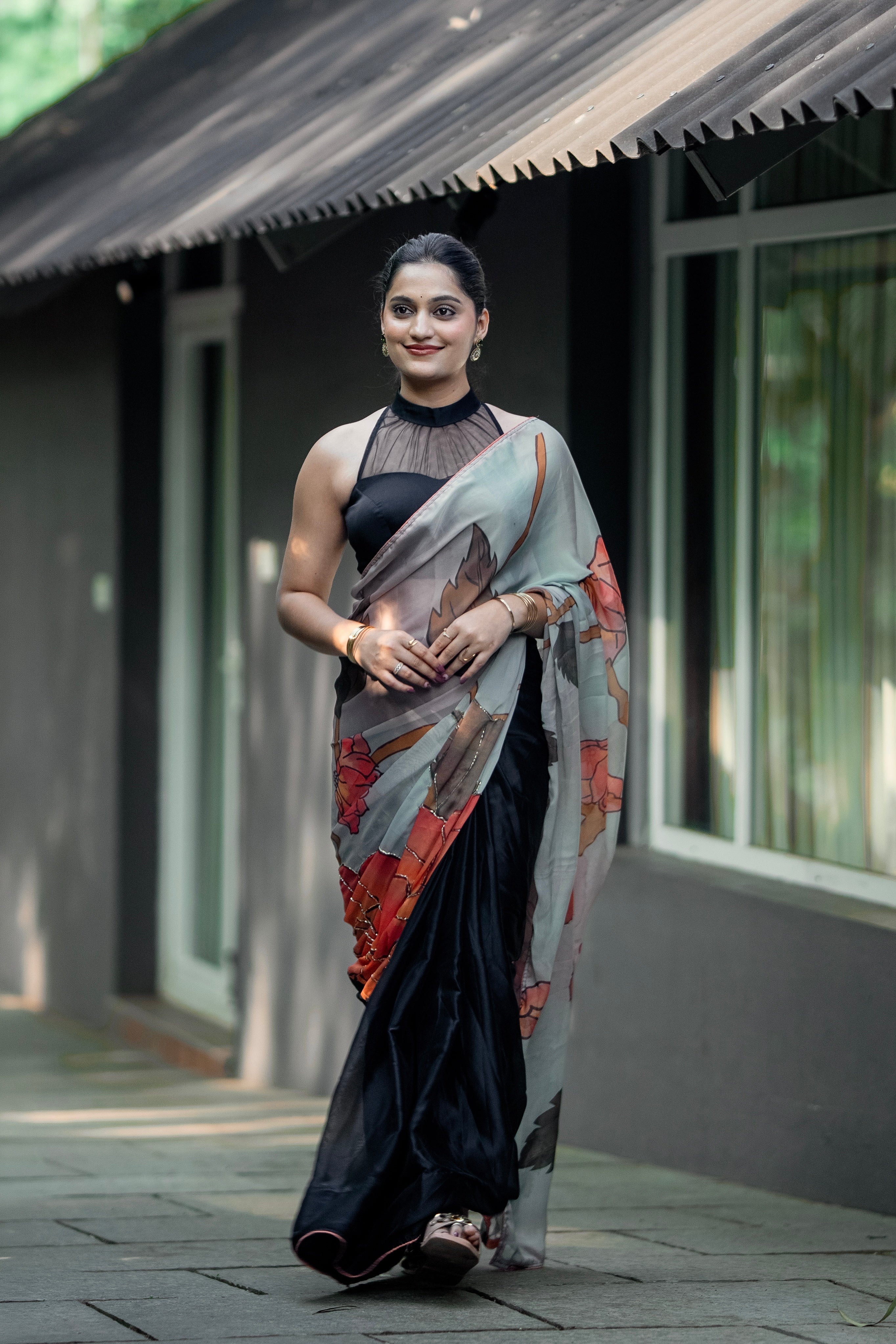 Meera - Floral Printed Black Saree