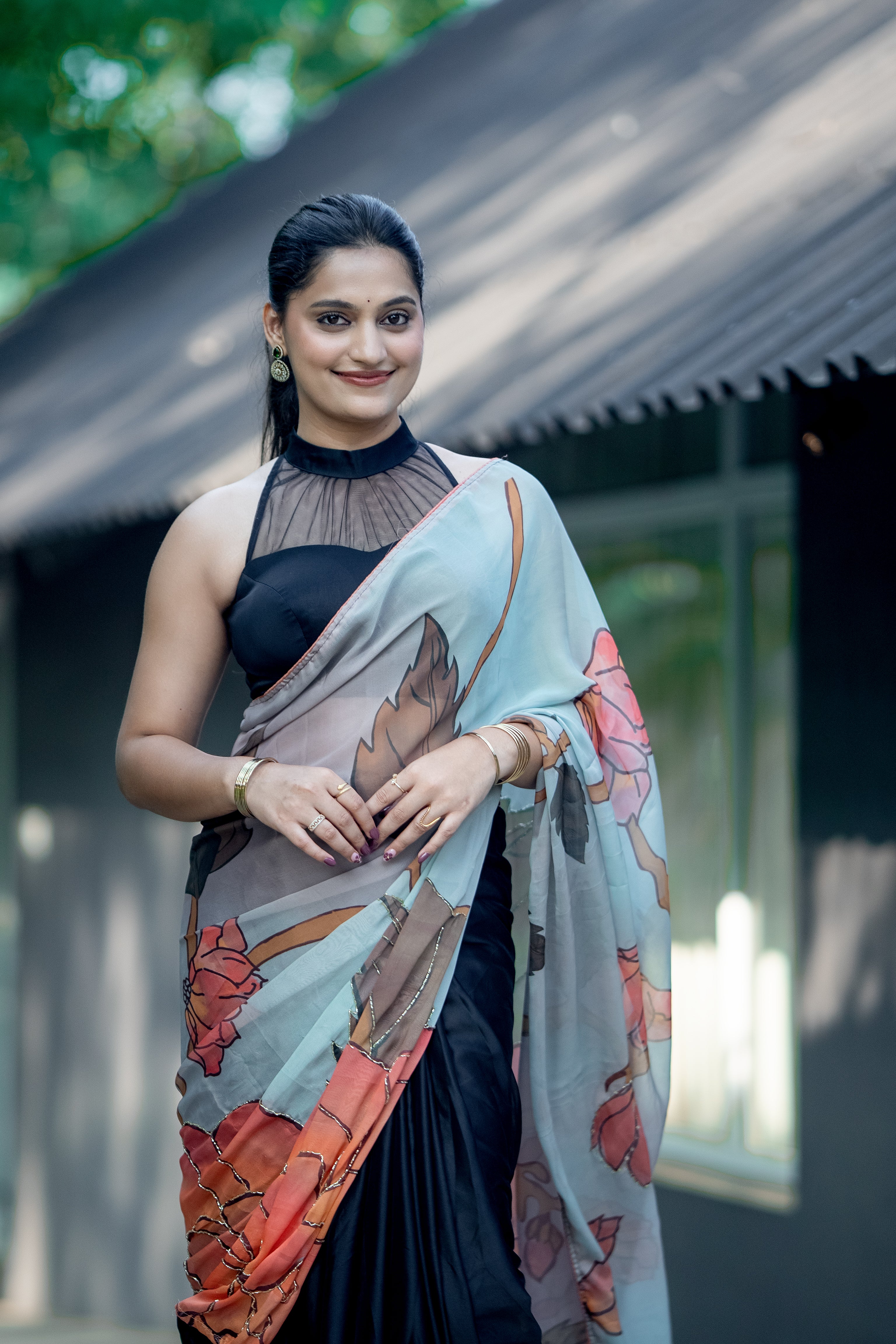 Black Floral Printed Saree