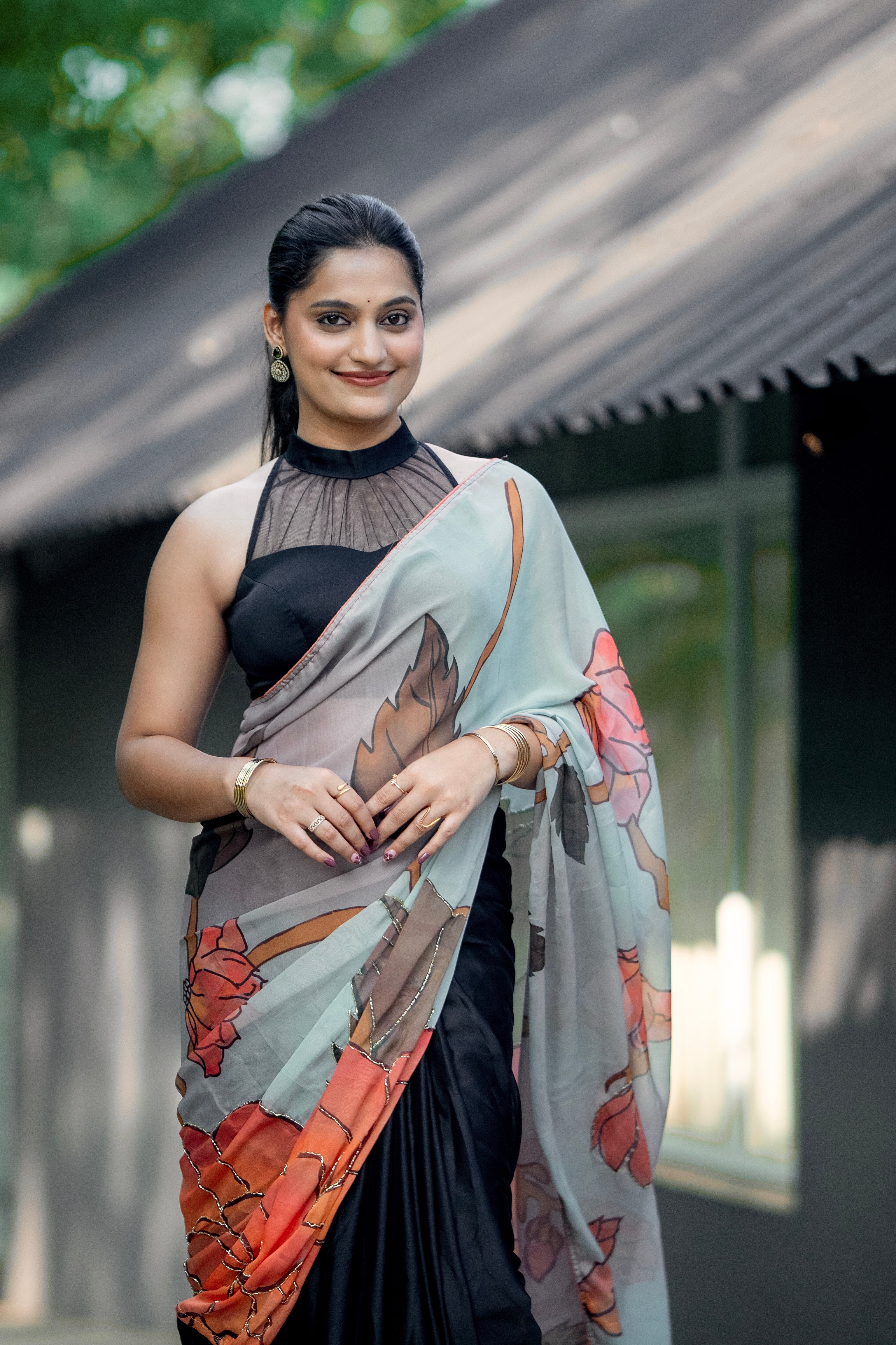 Meera - Floral Printed Black Saree
