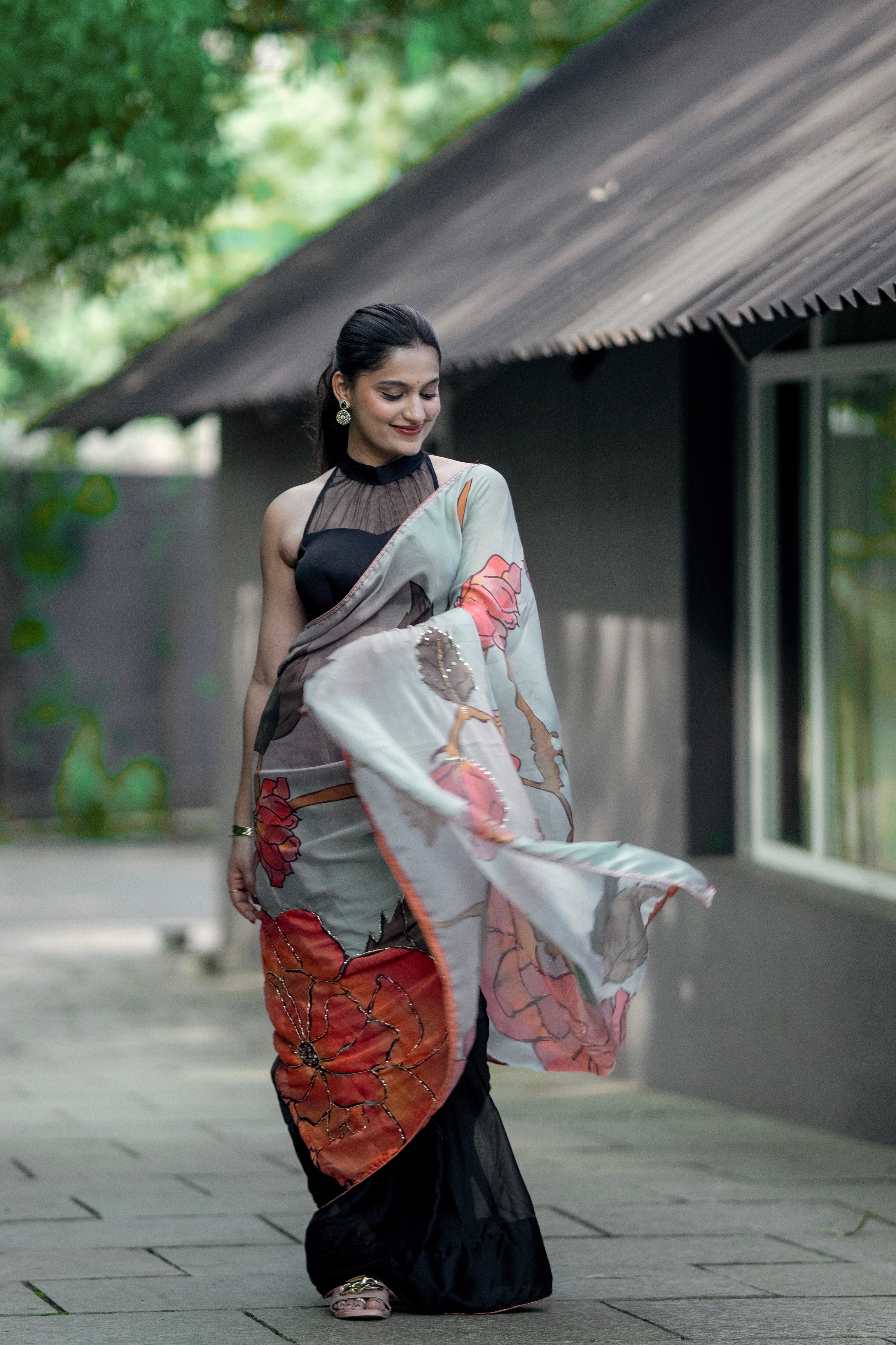 Meera - Floral Printed Black Saree