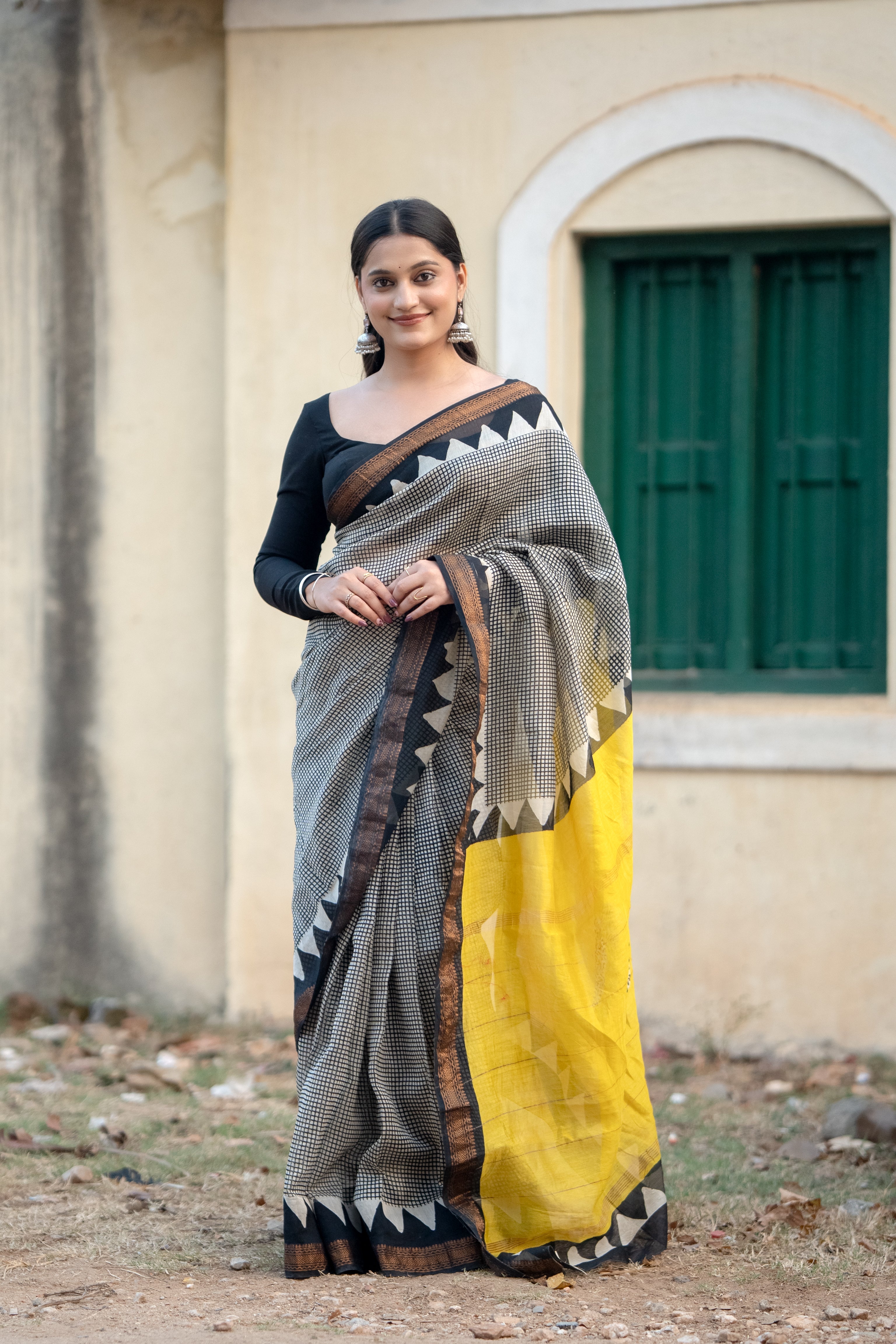 Black & Yellow Printed Saree