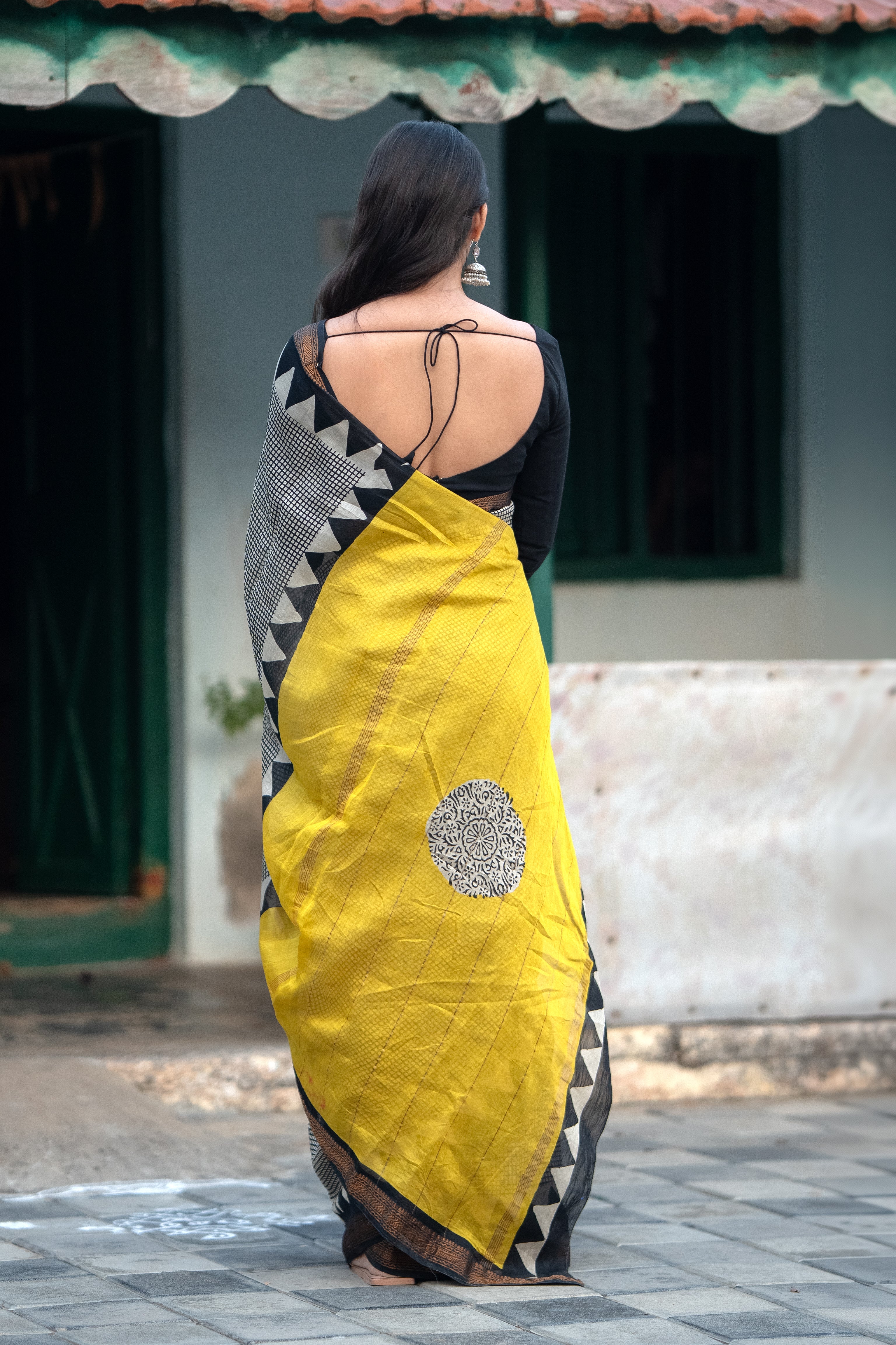 Black & Yellow Printed Saree