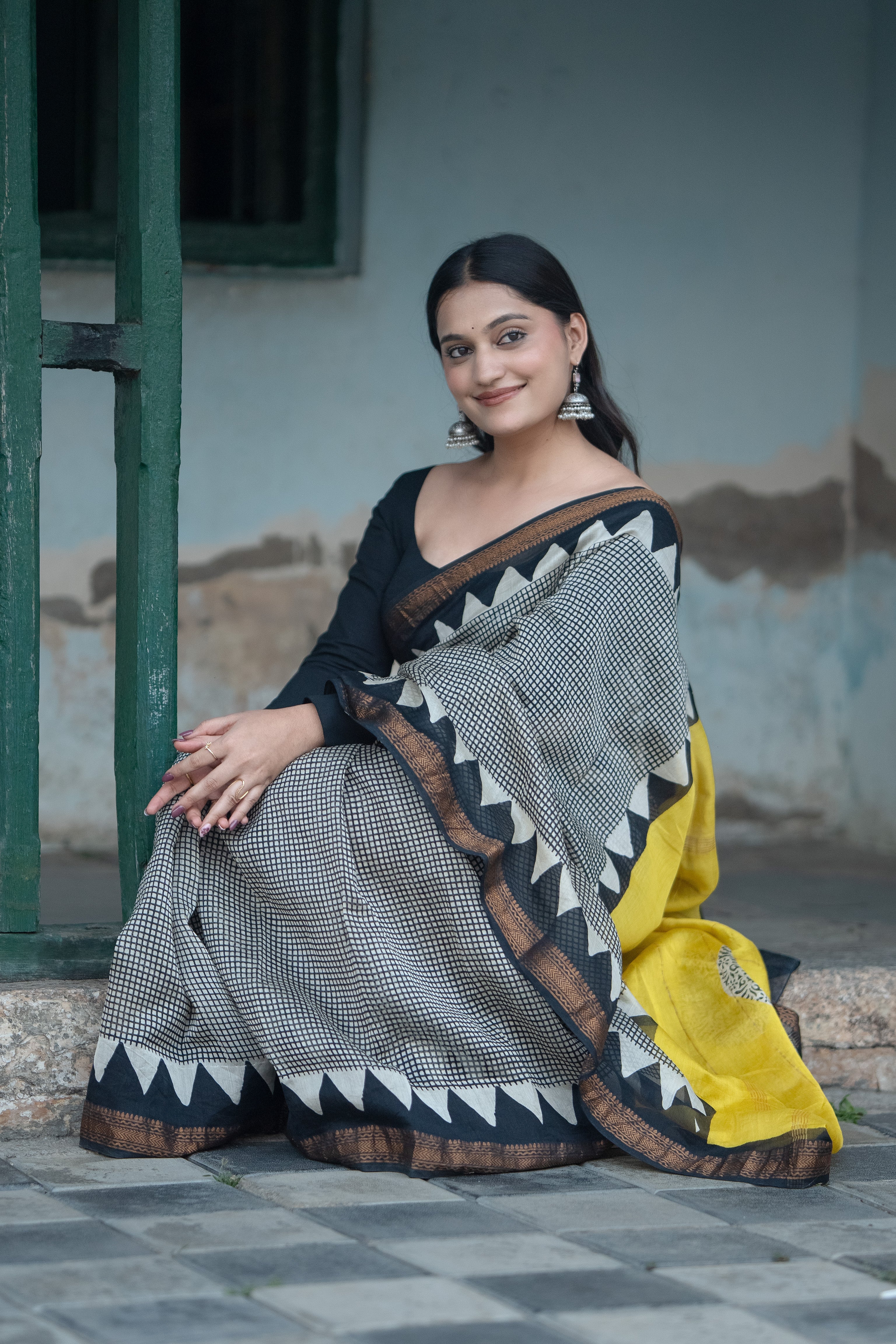 Black & Yellow Printed Saree