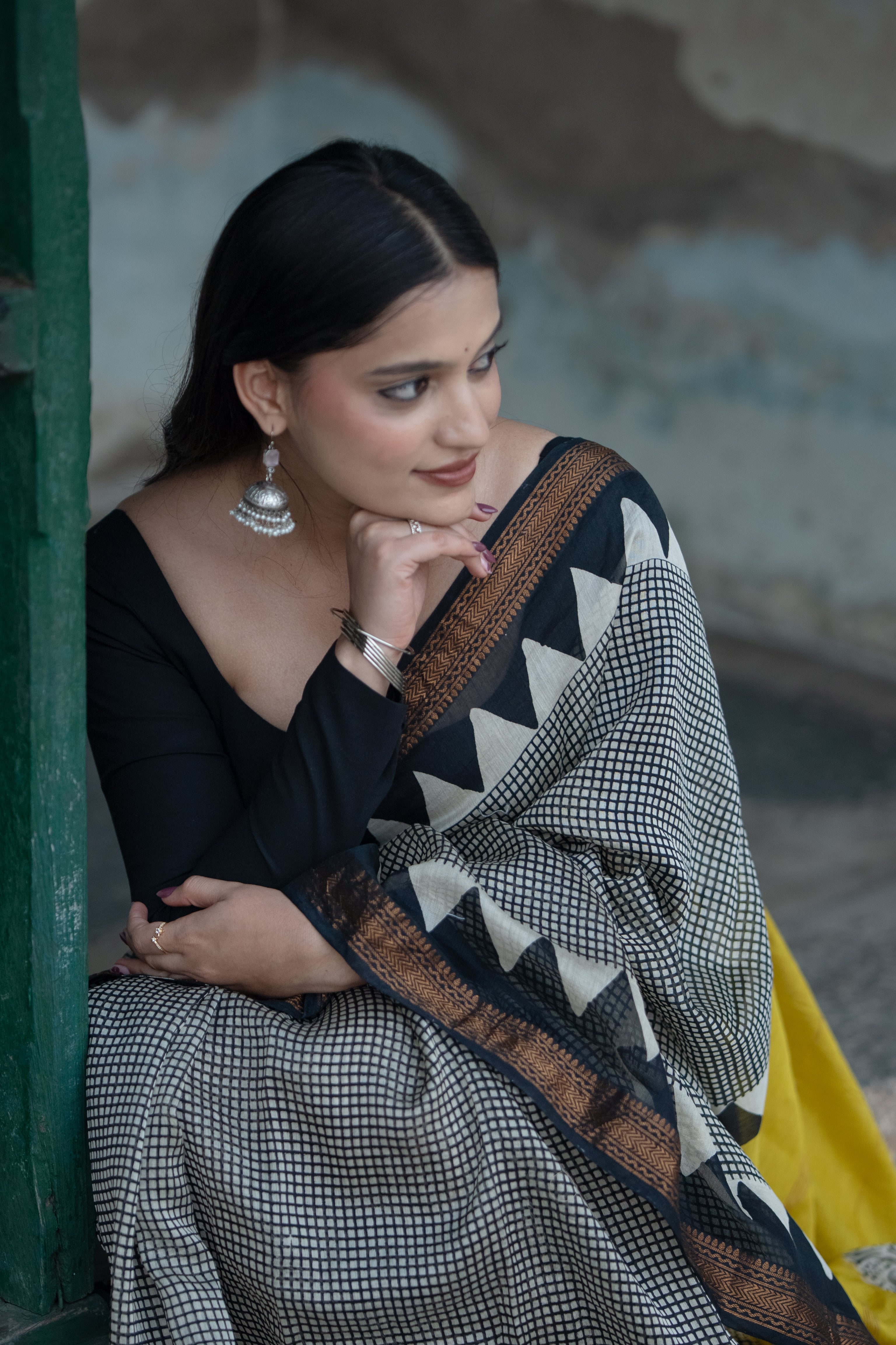 Black & Yellow Printed Saree