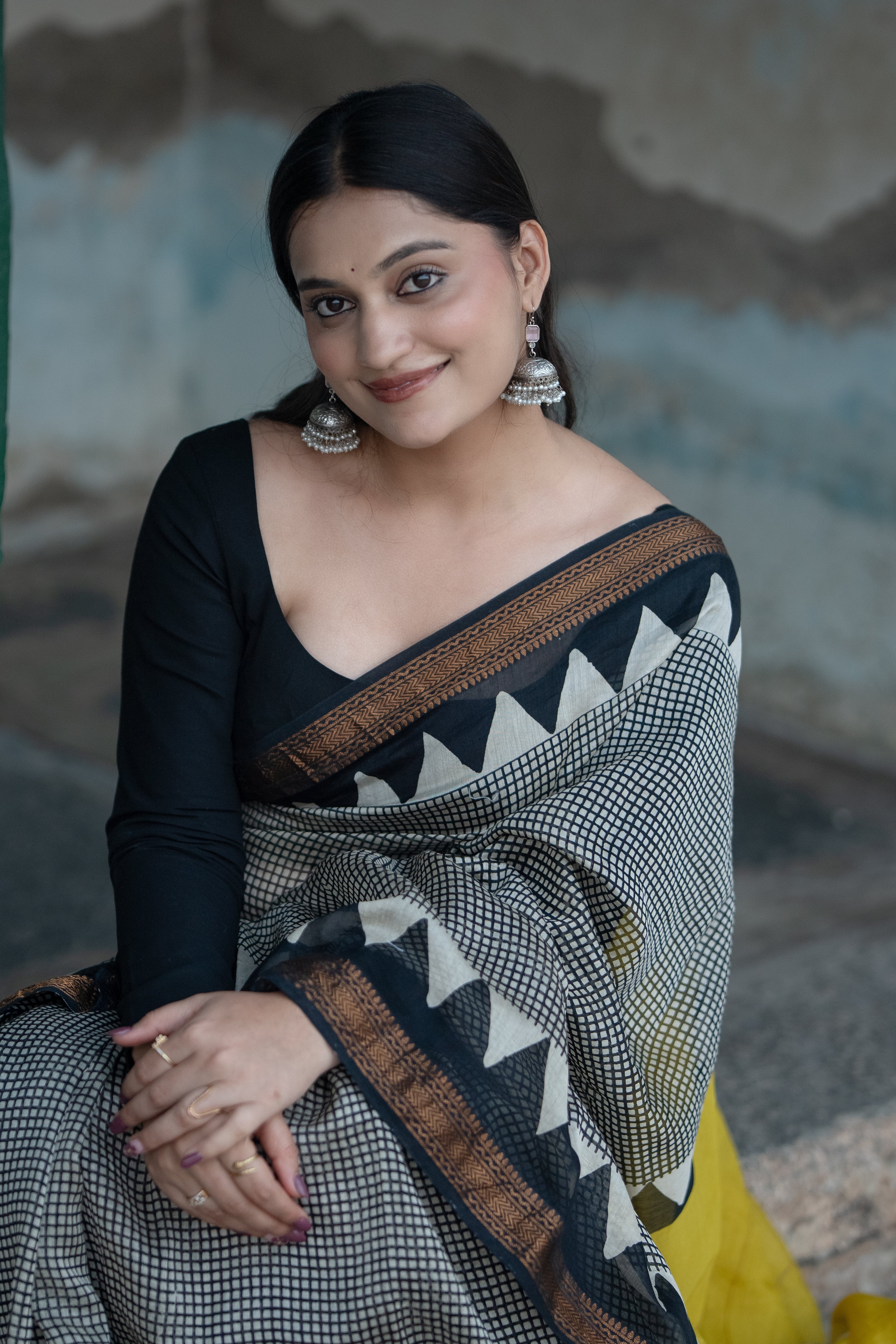 Black & Yellow Printed Saree