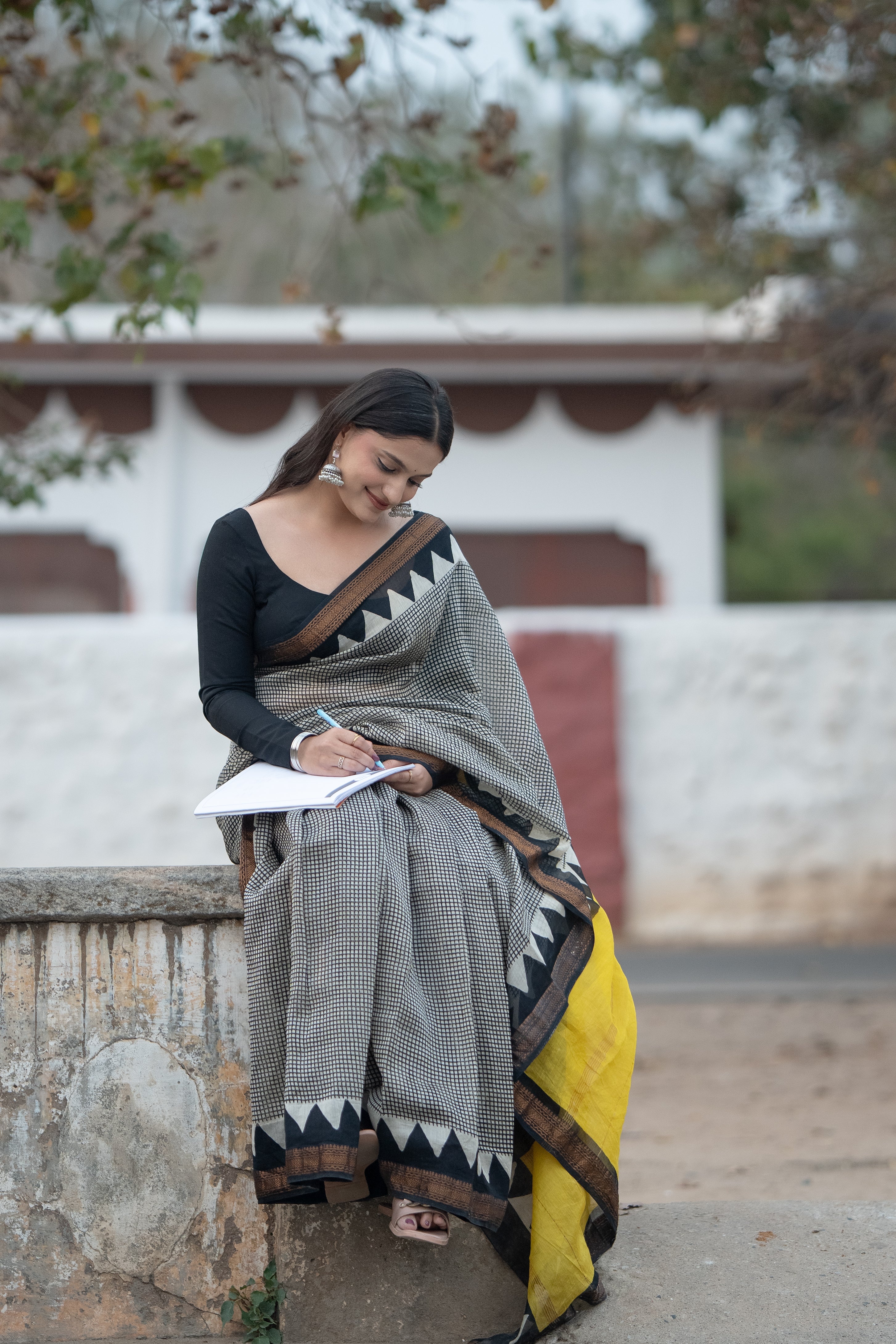 Black & Yellow Printed Saree