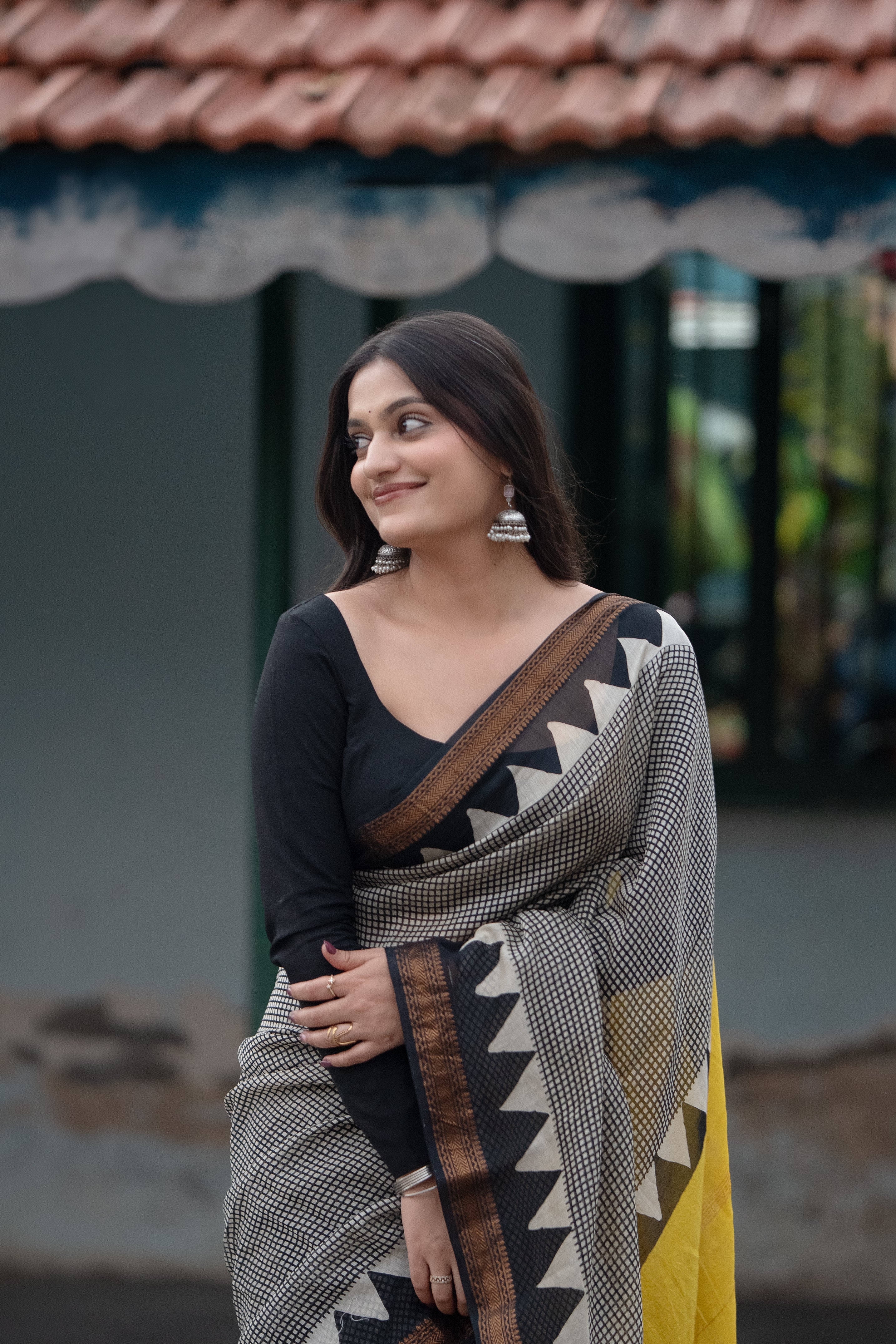 Black & Yellow Printed Saree