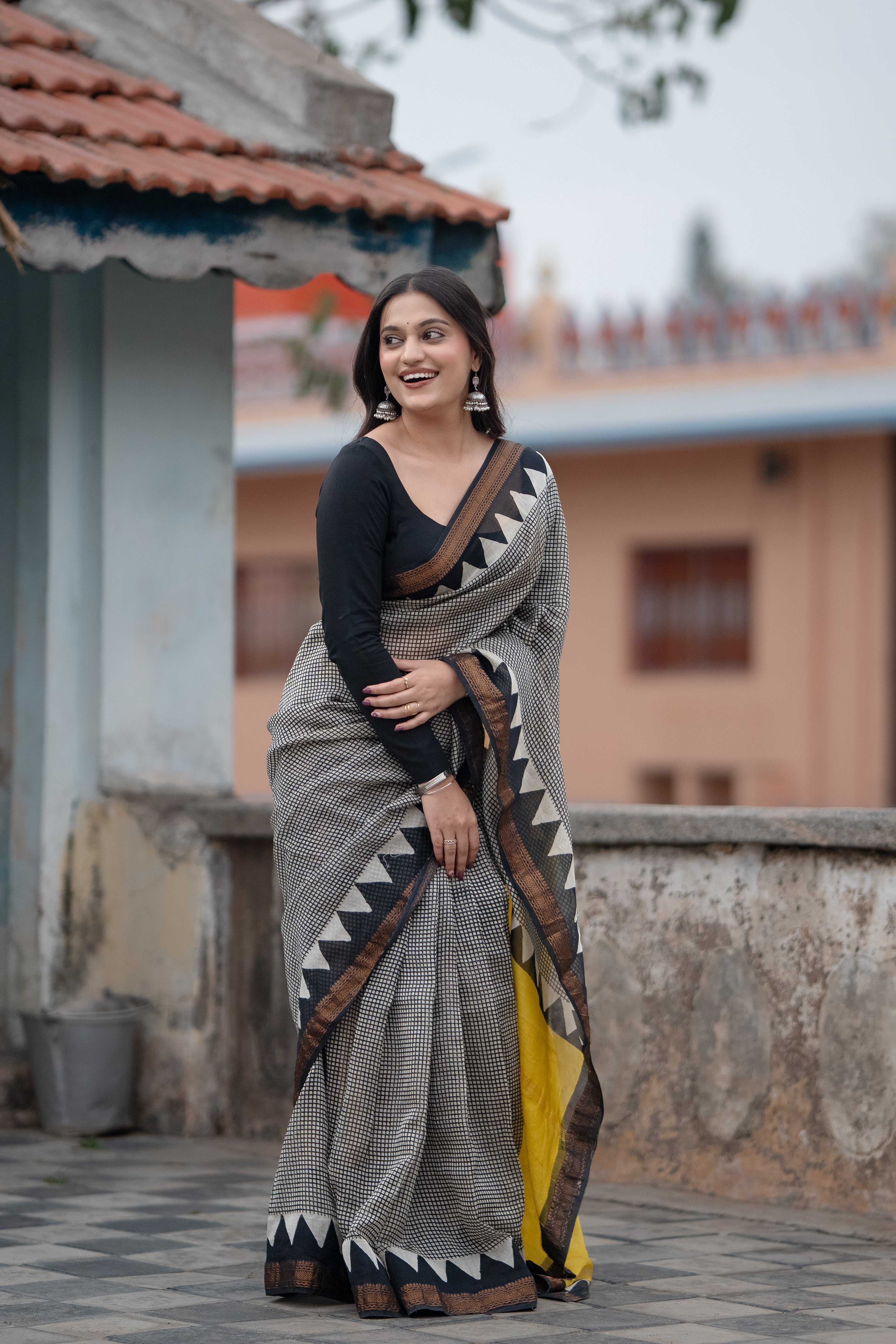 Black & Yellow Printed Saree